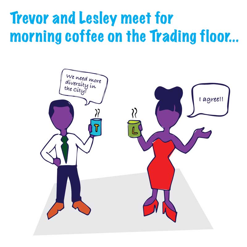 Trevor & Lesley meet for morning coffee on the trading floor